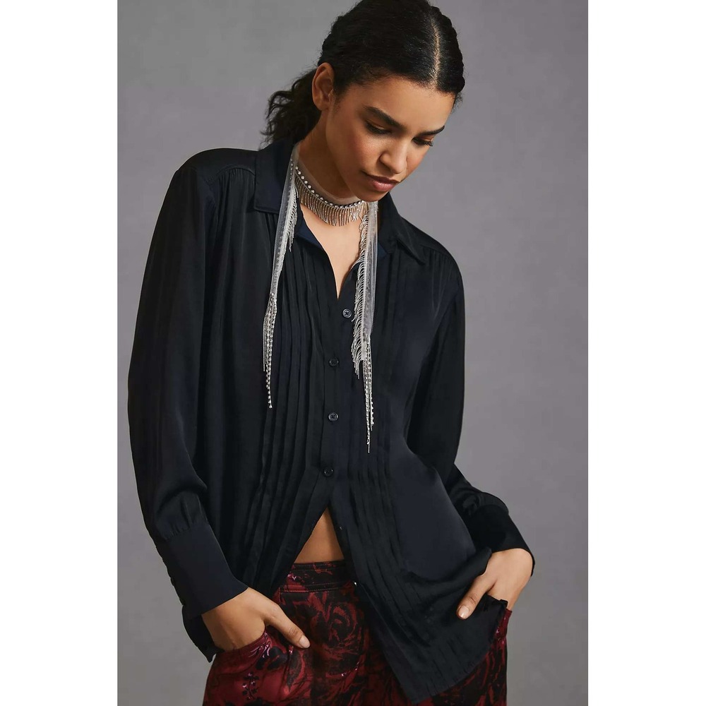 By Anthropologie Tuxedo Blouse Long Sleeve XL Black Professional Dark Academia